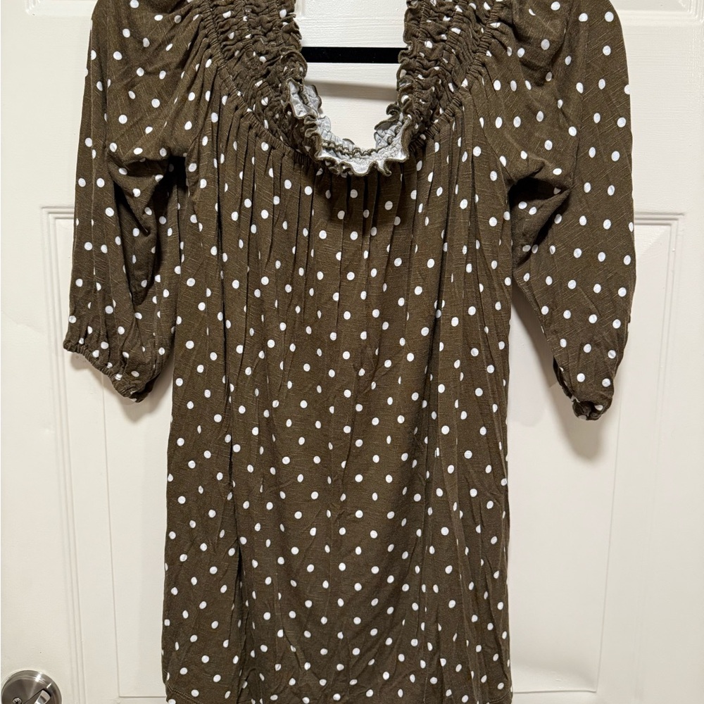 Lane Bryant Olive Top with White Polka Dots